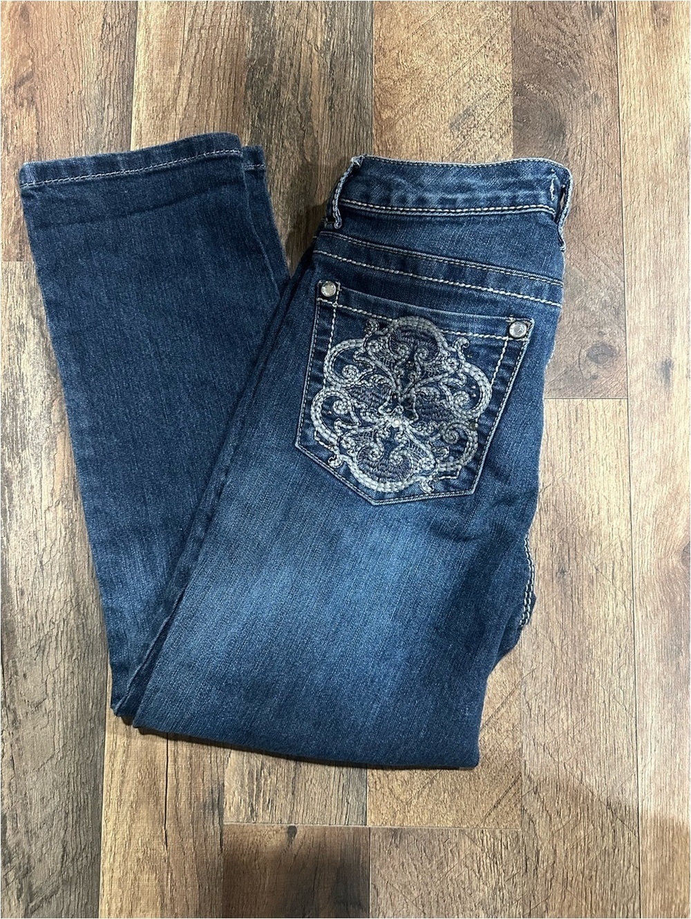 Vintage America Dark Blue Straight Leg Jeans with Embroidered Pocket